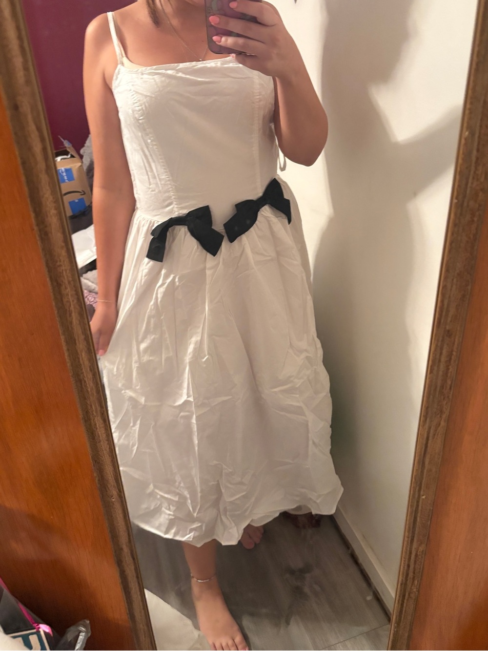 White Midi Dress with Black Bow Accents